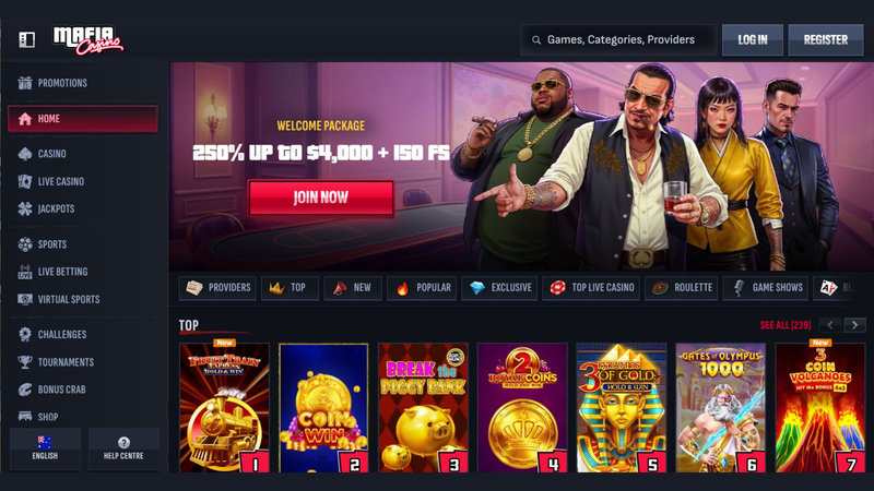 Mafia Casino casino homepage screenshot