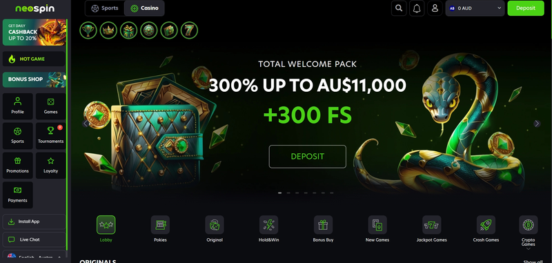 Neospin casino homepage screenshot