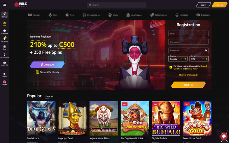 Wild Tokyo casino homepage screenshot